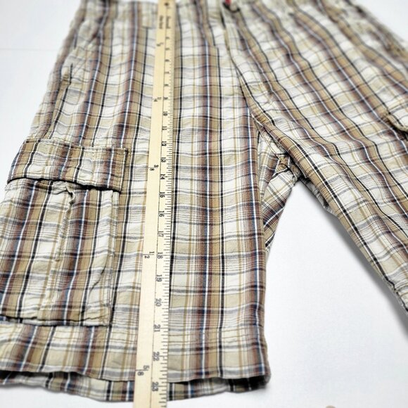 Levi’s Cargo Shorts Size 36 Plaid 100% Cotton Tan White Brown 11” Inseam - Picture 11 of 11